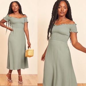 Reformation Smocked Bodice Murphy Midi Dress in Sage Green 4 Small